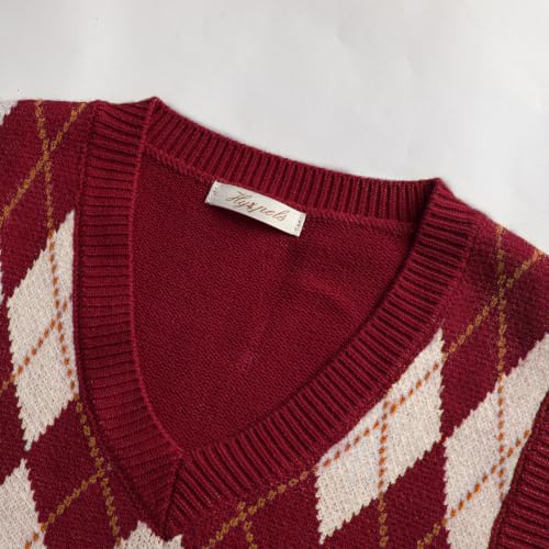 Image of Sweater Vest Women,Sleeveless V Neck Argyle Plaid Long Preppy Loose Knitted Casual School Sweaters Tank Top