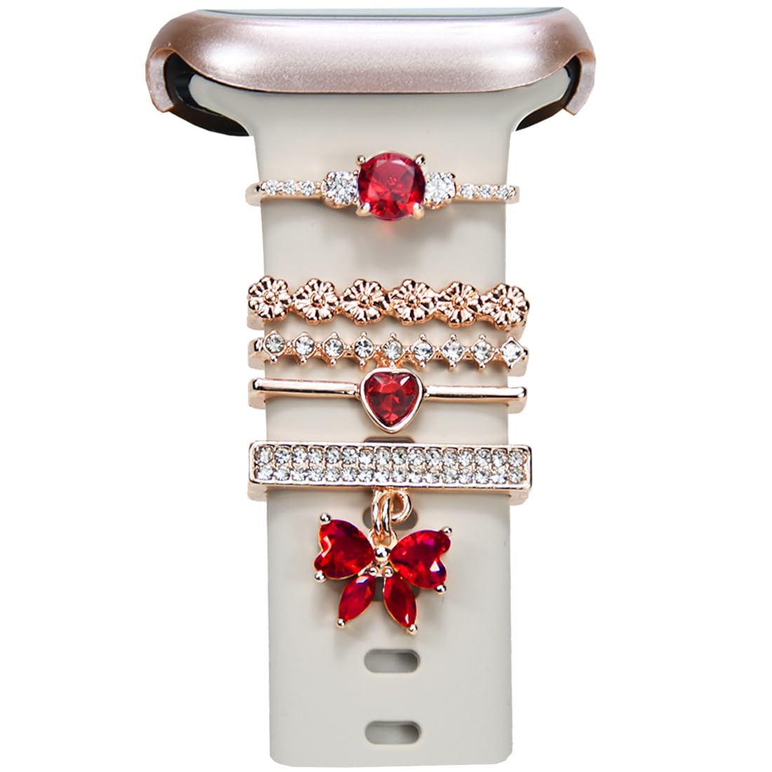 Watch Band Charms, Decorative Rings Loops Charms Compatible with Apple Silicone Watch Bands for Women 49mm 45mm 44mm 42mm 41mm 40mm 38mm , Metal Jewelry Watch Band Accessories Charms for iwatch band Series se 9 8 7 6 5 4 3 2 1 Samsung Galaxy watch 5/Pro/4 fitbit red rose gold heart Pendant