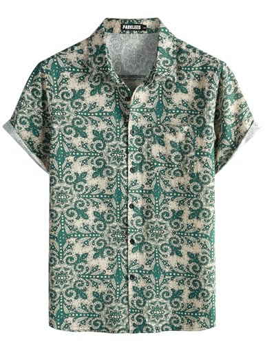 Image of PARKLEES Men's Casual Linen Hawaiian Shirt Short Sleeve Button Down Retro Shirts Hipster 70s Hippie Tops Green Rence Large