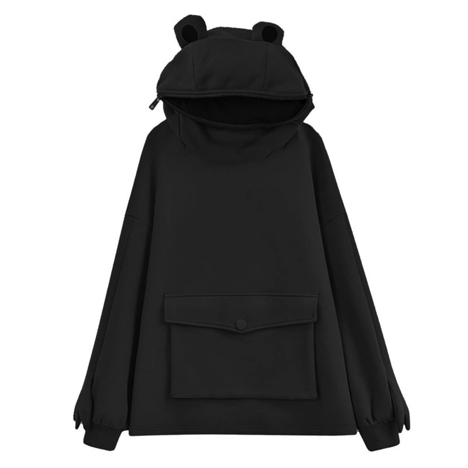 Felpa con cappuccio da donna, felpa Oversize da donna, con cappuccio e orecchie decorative sul cappuccio, toppa creativa, maniche lunghe, felpe kawaii, tasca canguro, vestibilità ampia, autunno e