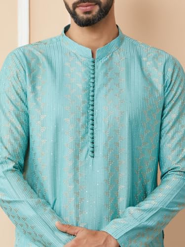 Image of See Designs Men's Long Sleeve Mandarin Collar Side Slit Embroidered Thread Work Sequinned Chanderi Silk Straight Kurta with Pyjama