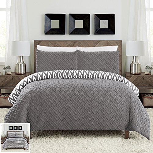 Free Shipping Offer Chic Home 3 Piece Ora Heavy Embossed and Embroidered Quilted Geometrical Pattern Reversible Printed King Comforter Set Grey