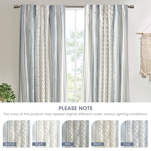 Image of Ink+Ivy Boho Curtain for Bedroom Single Panel Window Curtain for Living Room, 100% Cotton Tufted Chenille Stripe Modern Farmhouse Light Filtering Drape for Bedroom, 50 inch W x 108 inch L Ivory /Navy
