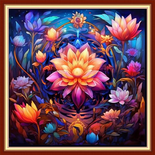 Image of Foxdiviy Stamped Cross Stitch Kits Full Range of Embroidery Needlework Starter Kits for Beginners Adults 11CT Embroidery Patterns Art Crafts DIY Needlepoint Kits-Magic Flower 18x18 inch