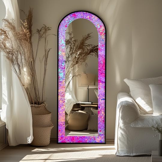 Cosmic Bloom - Specchio da pavimento astratto a lunghezza intera, 50 x 160 cm, specchio da pavimento colorato con cornice nera