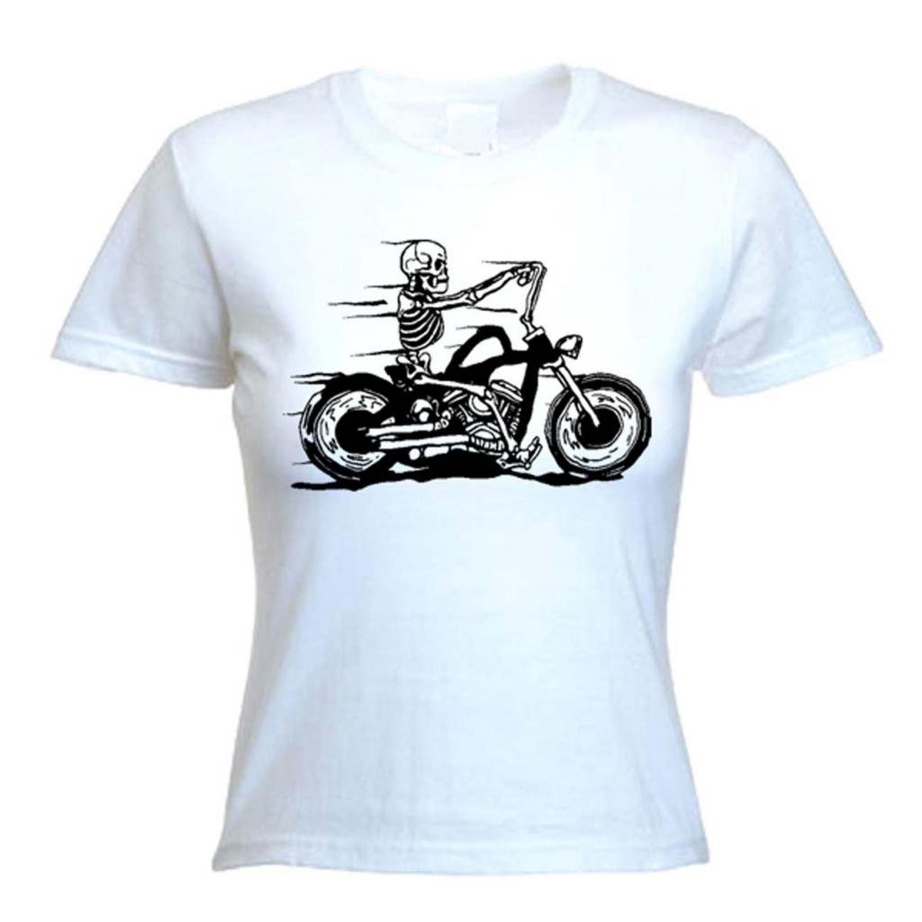 Tribal T-Shirts Women's White Skeleton Rider Motorbike T Shirt (Large, )