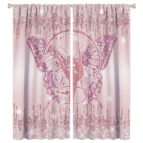 Brebasf Modern Girl Gymnastics Athlete Curtains-Rustic Diamond Glitter Sequin Butterfly Dance Silhouette Window Curtain Darkening Thermal Insulated Rod Pocket Curtains 2 Panels 63