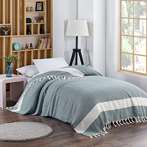 Aegean Concept Blanket, Vintage Boho Rustic 100% Cotton Super Soft 90"X102" (230 Cm X 260 Cm) King Size,Adult Turkish Muslin Light, Cozy Couch Bedcover King Blankets, (Dark Green) #TOP16