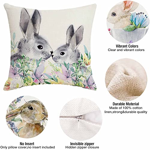 Spring Rabbit Pillow Covers 18X18 Set Of 4 Bunny Decorative Throw Pillow Covers Farmhouse Floral Linen Pillow Easter Decoration For Sofa Couch Home Decor #TOP3