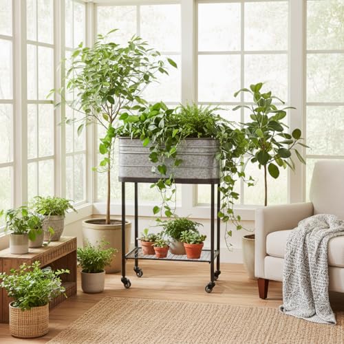 Image of Creative Co-Op Metal Bucket /Planter on Stand with Casters
