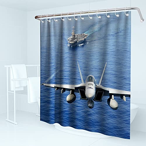 Kntiline Plane Airplane Flying An Aircraft Carrier On The Ocean Theme Fabric America Warplane Ocean Shower Curtain Sets Kids Bathroom Decor With Hooks Waterproof Washable (72W X 72H) #TOP1