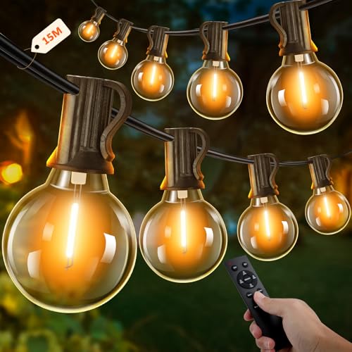 15M Guirlande Lumineuse Exterieure avec Télécommande, Guirlande Guinguette avec 25+2 G40 LED Ampoules, Dimmable, Étanche Chaîne Lumiere Exterieur pour...