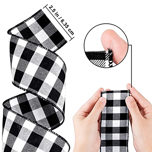 Whaline 2 Rolls Wired Edge Plaid Ribbon Christmas Buffalo Check Ribbon White Black Plaid Ribbon 2.5" Wide Farmhouse Craft Ribbon For Diy Gift Wrapping Wreath Xmas Tree Bow Decoration, 10 Yard #TOP1