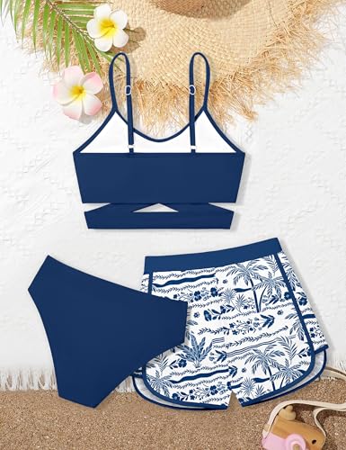 Image of Girls Swimsuit 3 Piece Bathing Suit Criss Cross Bikini Set Girls' Swimwear with Shorts 7-16T