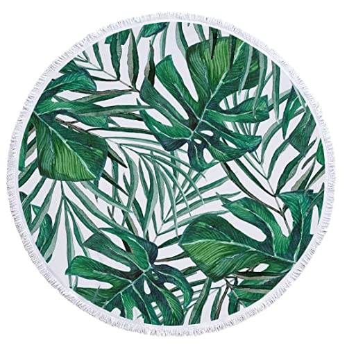 Icosamro Leaf Beach Towel Round Oversized Microfiber, Monstera Palm Tree Tropical Leaves Circle Beach Blanket Pool Bay Bathroom Decor For Women Men Kids Boys Girls, 59 Inches, Green #TOP1