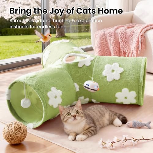 Image of Tempcore Flannel Cat Tunnel for Indoor Cats, 3 Way Collapsible Pet Play Tunnel with Teaser Wand, Peek Holes & Hanging Ball, Interactive Tube for Kittens & Rabbits, Daisy Green