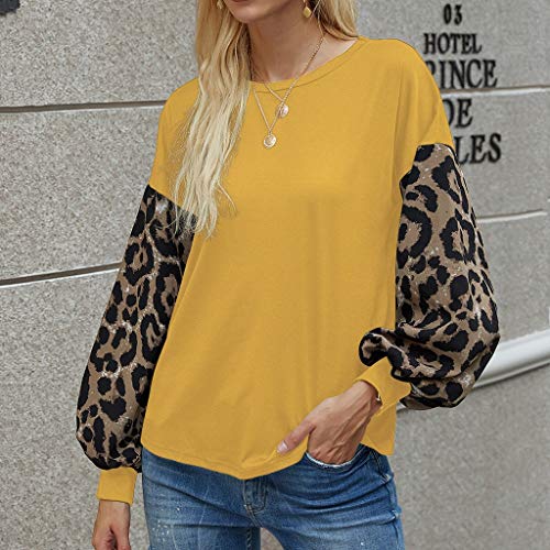 YAnGSale Top Womens Leopard Blouse Casual Loose Sweatshirt Patchwork Pullover Long Sleeve Shirt O-Neck Tee Tops (Yellow, L)