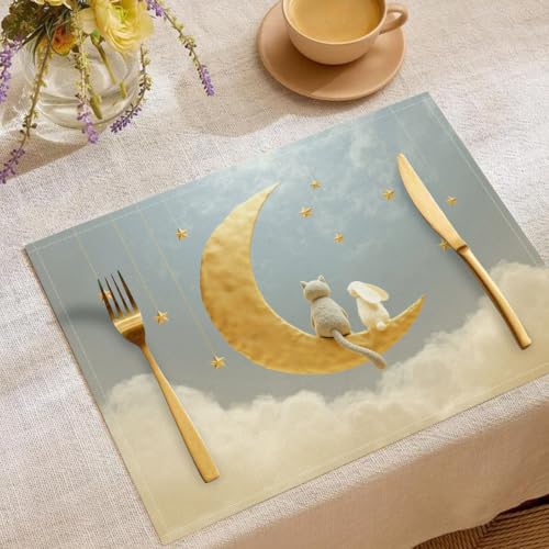 Set de table lavable lune et chaton durable et dessous de plat gris-bleu élégant - 3