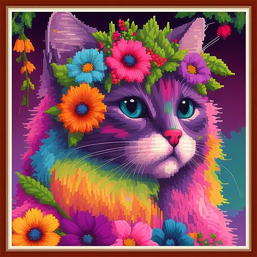 Image of Dimensean Stamped Cross Stitch Kits Full Range of Embroidery Patterns Starter Kits for Beginners Adult DIY Cross Stitches Needlepoint Kits 11CT-Colorful Cat 17.7x17.7 inch