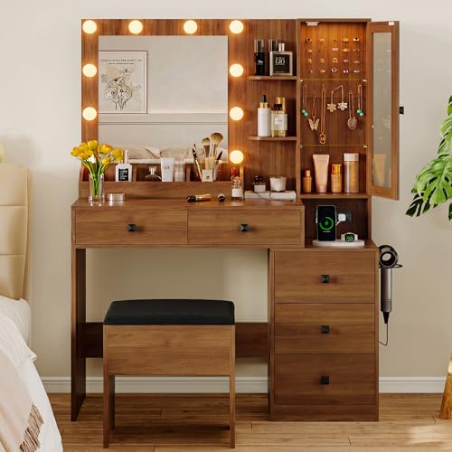 Image of Vanity Desk with Mirror and Lights, Makeup Vanity Table Set with 5 Storage Drawers, Power Outlet & Chair, Small Dressing Table with RGB Ambient Light, Adjustable Brightness for Girls Bedroom, Walnut