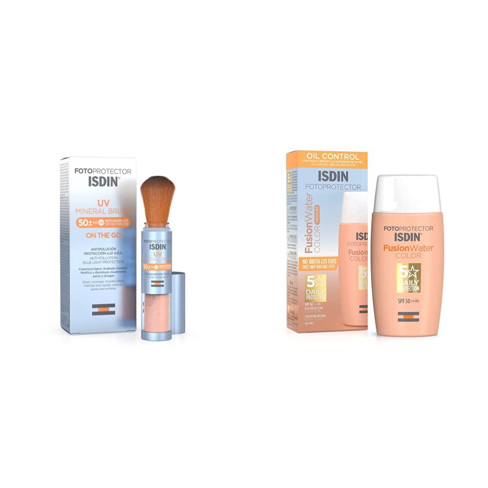 ISDIN Fotoprotector Uv Mineral Brush Spf 50+, Protector Solar Facial De Uso Diario On The Go, Activos Antipolucion, Matificante, Acabado Invisible, 2 G + Fotoprotector Fusion Water COLOR SPF 50