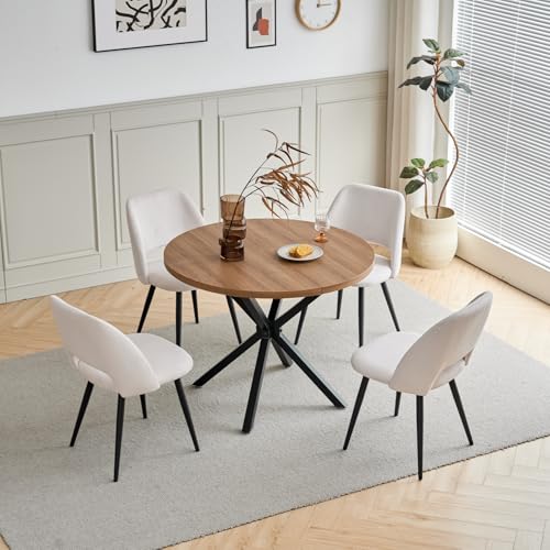 JZGORC Juego de Mesa y Sillas de Comedor, Mesa de Comedor Redonda de MDF de 100 CM, 4 Sillas de Cocina Tapizadas de Pana,para Comedor, Sala de Estar, Cocina (Oscuro + Caqui)