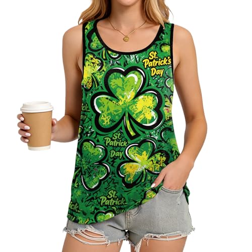 Seizesoul Women St. Patrick's Day Tank Tops Loose Green Lucky Shamrock Clover Printed Sleeveless Shirts