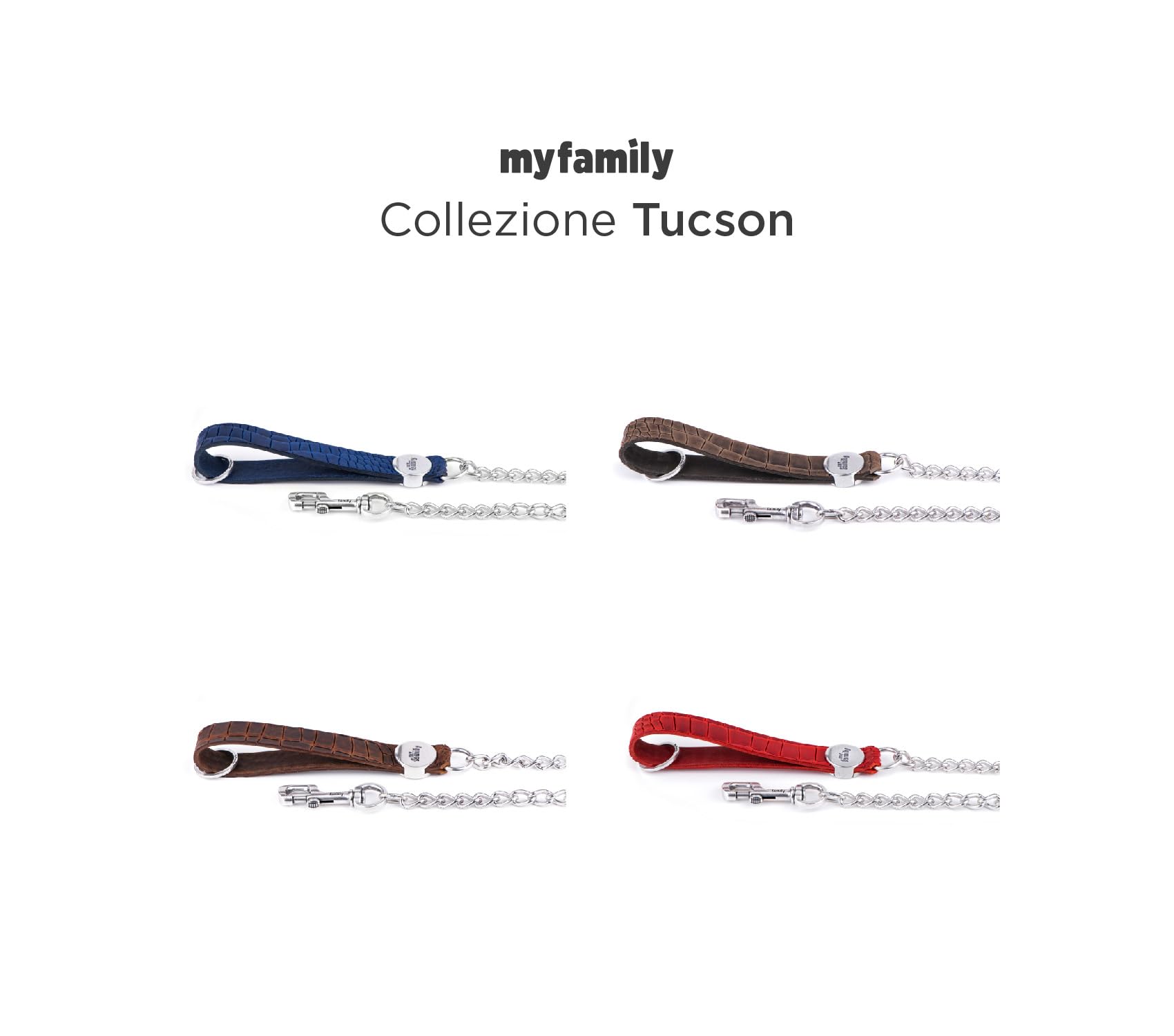 MyFamily Guinzaglio per Cane in Vera Pelle Italiana e Catena Made in Italy, Finiture Metalliche in Argento Antico, Pratico e Resistente, Fatto a Mano, Collezione Tucson