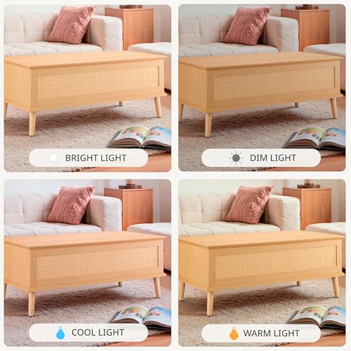 Image of Ink+Ivy Solid Wood Lift Top Coffee Table with Storage Compartments and Large Shelves, Handwoven Rattan Accent Sides, Oak Wood Grain Coffee Tables for Home Living Room Natural