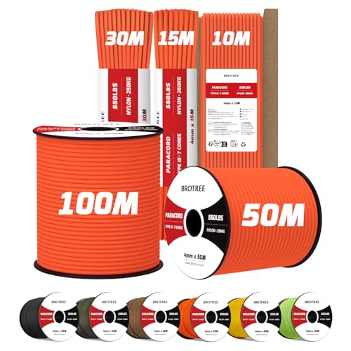 Brotree Paracord 550 4mm 10M 100% Nylon Seil Schnur Typ III mit 7 Stränge für Survival, Outdoor, Armbänder, Hundeleine - Bruchlast 250kg (Orange)