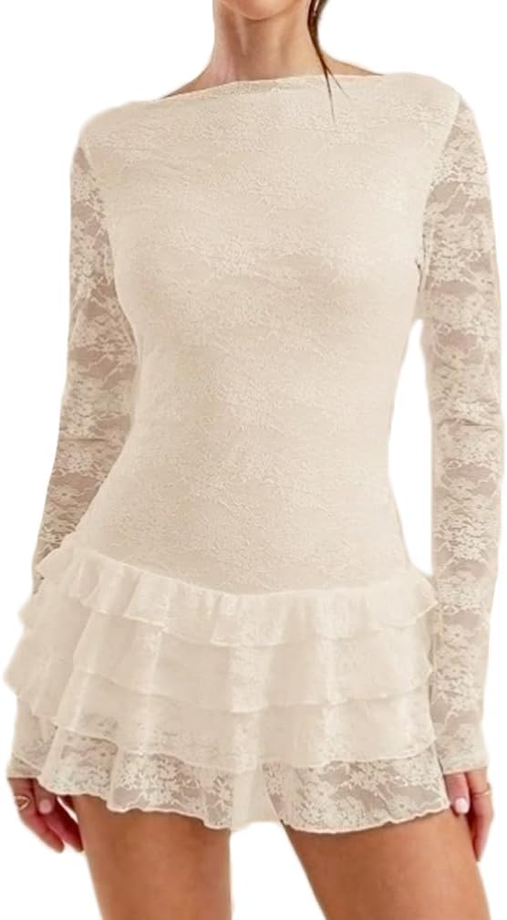 Women Boat Neck Floral Lace Ruffle Hem Layered Mini Dress Slim Fit Long Sleeve Party Cocktail A-Line Short Dress