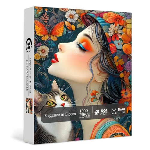 PICKFORU Elegance in Bloom Puzzle para Adultos 1000 Piezas, Rompecabezas de Dama con Arte Único, Gato y Flores miniatura 2