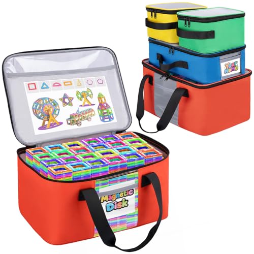 Wigojoy 4 PCS Toy Storage Bags?Magnatiles Storage Bin With Visual Top Flap, Label Pocket and Mesh Pockets Fit for LEGO, Building Blocks, Magnetic Tiles, Toy Cars