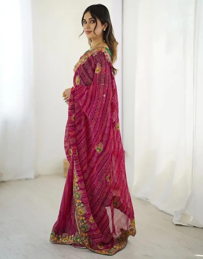 Image of Women's Georgette Bandhani Printed Embroidery Saree with Unstitched Blouse Piece