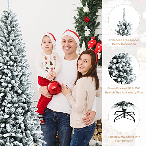 Happygrill 7.5Ft Snow Flocked Pencil Christmas Tree Hinged Slim Artificial Xmas Tree With 1189 Branch Tips, Metal Stand, Skinny Realistic Christmas Tree For Festival Celebration #TOP6