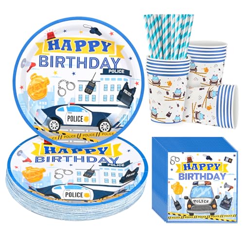 CIOXSOIO Set di Stoviglie per Feste di Polizia, 20 Piatti di Carta, 20 Bicchieri, 20 Tovaglioli e 20 Cannucce, 20 Ospiti Stoviglie da Polizia per la Decorazione della Festa di Compleanno dei Bambini