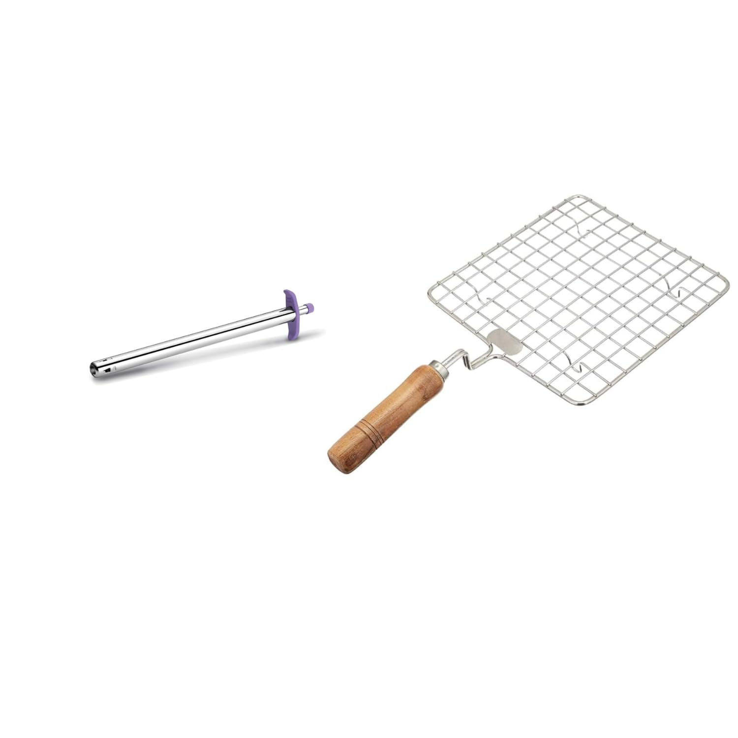 Pepper Roti Roaster & Gas Lighter Combo Pack - Square Wooden Handle Papad Jali, Chicken Griller, Paneer Grill, Barbeque Roaster, Chapati Toaster