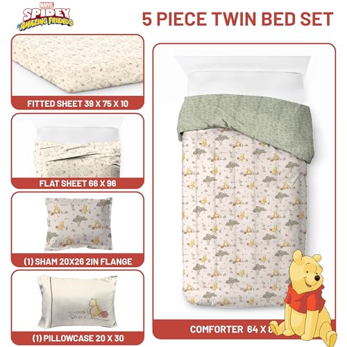 Image of Jay Franco Kids Bed Set, Beige, Winnie The Pooh, 5 Piece Twin | Cozy Soft Bedding for Stylish Room Decor with Comforter, Sheets & Pillow Covers
