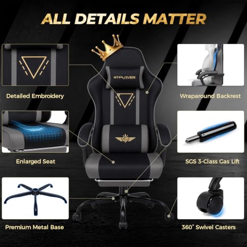 Image of GTPLAYER Video Gaming Chair Fabric, Ergonomic Computer Chair with Footrest and Pocket Spring Cushion, Height Adjustable Video Gamer Chair with Lumbar Support for Adults, Gray
