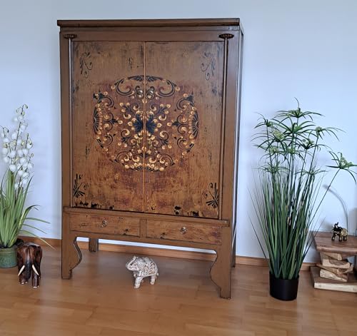 OPIUM OUTLET Orientalischer Hochzeitsschrank, China Vintage Möbel Kommode asiatisch, Schrank Kleiderschrank chinesisch, Kastanien-Braun, Shabby-Stil, Antik-Look, Kolonial-Stil