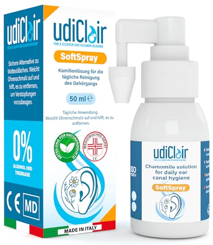 Ohrenschmalz Entferner Spray 50 ml - UdiClair SoftSpray - Ohrenreinigung für Erwachsene und Kinder mit vernebeltem Strahl - Isotonische Lösung mit Kamille Made in Italy