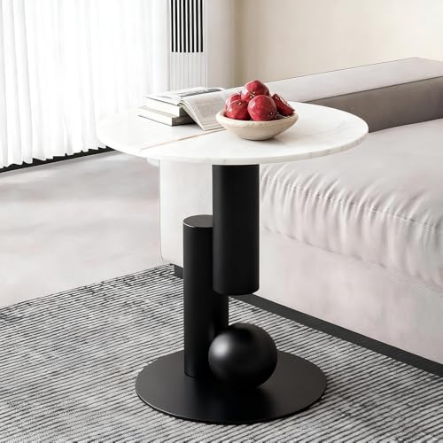 Image of Round End Table, Luxury Circle Modern Side Table, Marble Side Tables for Living Room, Creative Aesthetic Coffee Table Bedside Nightstand for Couch Bedroom Sofa Patio Balcony (White Black, H 21.7inch)