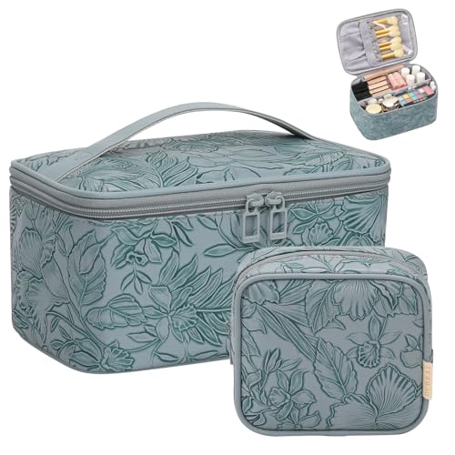 OCHEAL Makeup Bag Set, Portable Travel Makeup Bags Cosmetic Organizer Bag for Women Cute Floral Cosmetic Pouch Large Capacity Make up Bag PU Leather Toiletry Bags with Divider and Handle-Blue