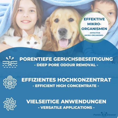 PandaCleaner Bio Urin Attacke gegen Katzenurin Hundeurin & Tiergerüche - Mittel gegen Katzenurin - 1000ml Konzentrat zum Uringeruch entfernen - Mikroorganismen Reiniger