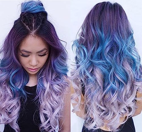 Image of Swiking Purple Long Curly Ombre Wigs for Women Purple Mixed Blue Wavy Synthetic Hair Colorful Cosplay Halloween Costume Wigs