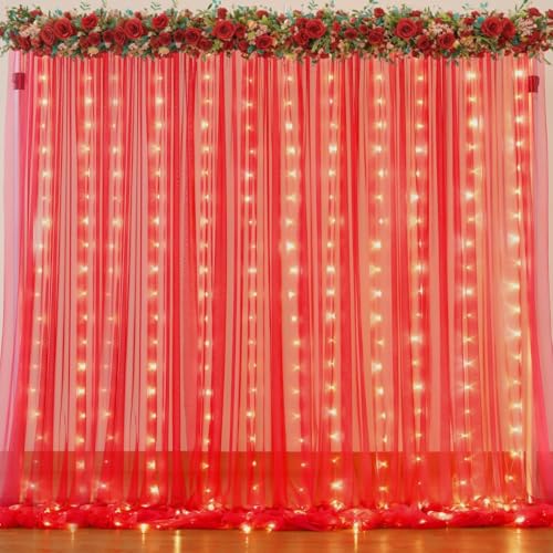 Image of Shimmers Red Net Curtain Decoration Set 4x8 Ft with Ribbon and Hooks, Backdrop Kit for Birthday, Wedding, Ganpati Decoration Photo Booth,Pack of 6 Pieces