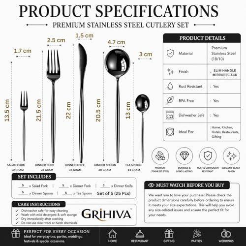 Image of 25 Pcs Black Cutlery Set for Dining Table the Perfect Lightweight Silim Handle Tableware Including Dinner Spoon, Dinner Fork, Dinner Knife, Dessert Spoon & Dessert Fork