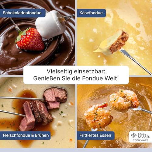 Ottia Fondue Set für 2, 3, 4, 5, 6 Personen aus Gusseisen & Emaille. Als Käsefondue, Fleischfondue, Schokofondue. Induktion geeignet, Schadstofffrei, mit Brenner+Gabeln+Rezeptbuch, Fondü-Set aus HH