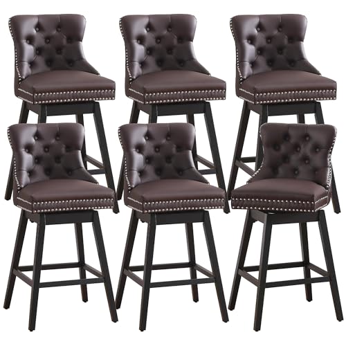 Image of Swivel Bar Stool with Back, Faux Leather Counter Height Bar Stools, Upholstered Tufted Counter Height Chairs, Solid Wood Legs, (Brown, 30 inch H Seat, Set of 6)
