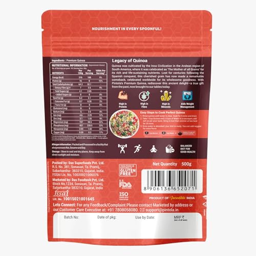 Image of Pintola Premium Quinoa 500g, Cereal for Breakfast, High in Protein & Dietry Fibre, Minerals, Cholesterol-Free, Gluten-Free Quinoa Seeds Diet Food for Weight Management (500g)